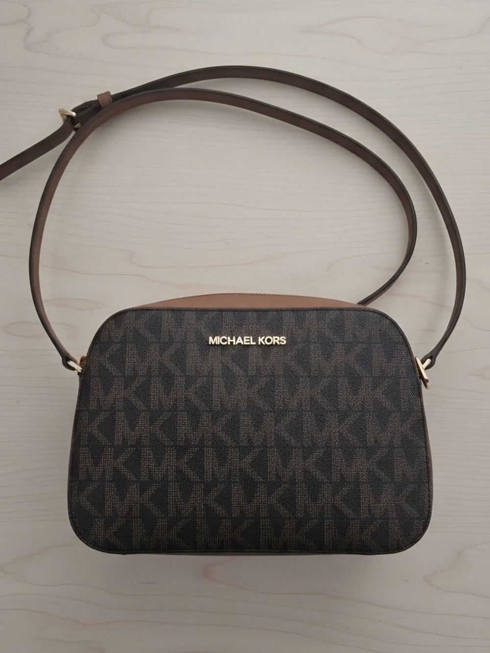 Michael Kors Dark Brown Logo Crossbody with Tan Trim